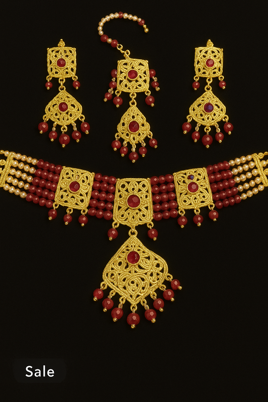 Antique-Inspired Filigree Jewelry Set in Red and Gold